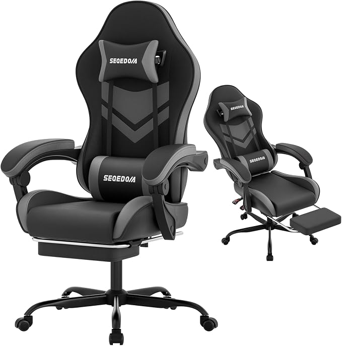 Gaming Chair with Footrest & Massage Lumbar Support, PU Leather Ergonomic High Back Swivel Height Adjustable Chair for Adults, Office Gaming, 300 lbs (Black Grey) - Image 4