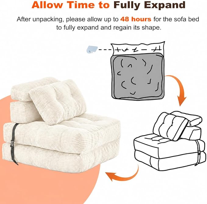 King Oasis Folding Sofa Bed, Corduroy Chair Bed with Pillows | 3-in-1 Fold Out Floor Sofa Couch with Headrest and Lumbar Pillows，for Living Room, Bedroom, Apartment, Dorm, Beige - Image 6