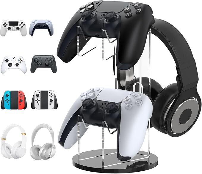 MoKo Universal Game Controller & Headset Stand, 2-in-1 Holder Acrylic | Premium acrylic, crystal clear. 2-in-1 for controller and headset. Non-slip base. Fits Switch, PS5, PS4, Xbox. by MoKo