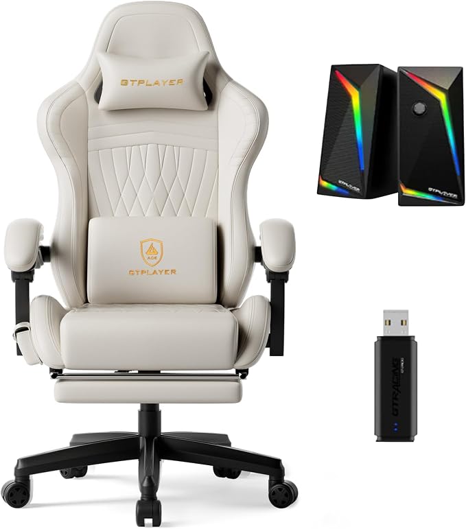 GTPLAYER Gaming Chair Bundle with Integrated Speakers, RGB Computer Speakers & USB Adapter – Ergonomic Music Chair for Surround Sound, Wireless & Complete Entertainment Setup, Cream by GTPLAYER