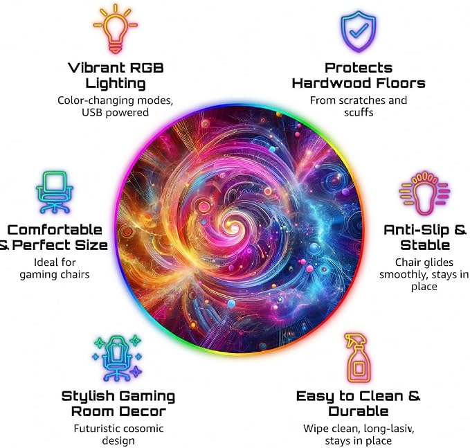 Gaming Chair Mat for Hardwood Floor Circle RGB Gaming Lights (Neon 47”) - Noise Cancelling, Anti-Slip Gamer Floor Mat – Scratch Resistant Computer Gaming Mat for Chair – Office Chair Mat - Image 4