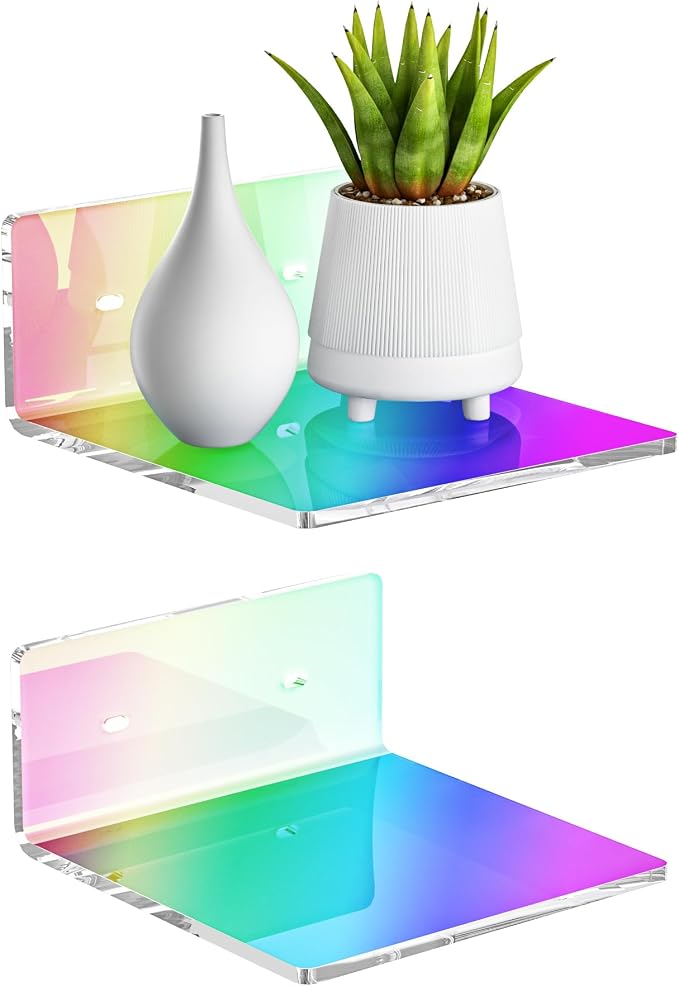 Sezanrpt 6 Inches Iridescent Acrylic Wall Shelves Set of 2, Wall Mounted Storage Display Shelves for Bedroom, Gaming Room, Living Room, Bathroom, Dining Room, Office, 2 Pack by Sezanrpt