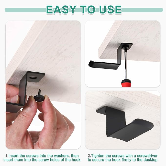 HARFINGTON Headphone Holder Stand Aluminum Headset Hook Headphone Clip Under Desk Hanger with Washer and Screws for Bedrooms Study Libraries Offices, Silver (5cm) - Image 4