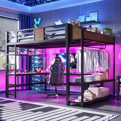 Bellemave Queen Size Metal Loft Bed with L-Shaped Desk, LED Lights & Charging Station, Heavy Duty Loft Bed Frame with Hanging Rod and Storage Shelves for Kids, Teens & Adults, Space Saving,Black by Bellemave