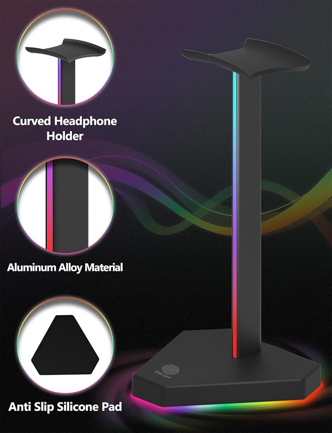 RGB Headphones Stand with 1 USB-C Data Transmission& 3 Type-C Charging Port, Desk Gaming Headset Holder with 7 Light Modes and Non-Slip Rubber Base (Black) - Image 5