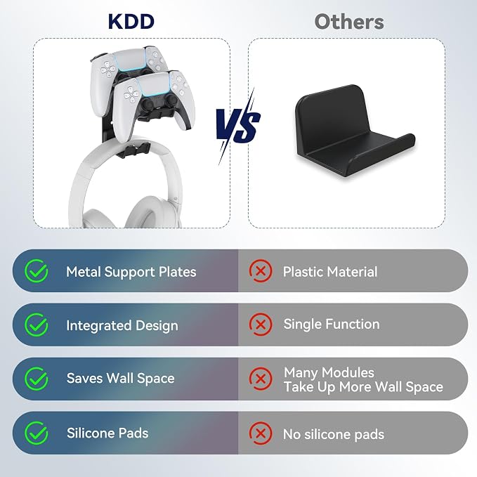 KDD Dual Controller & Headphone Holder Stand Wall Mount - Gaming Headset Hanger with Adhesive or Screws Install for Xbox Series X/S, PS5/4/3, Switch, STEAM, Universal PC Gamepad Accessories - Image 6