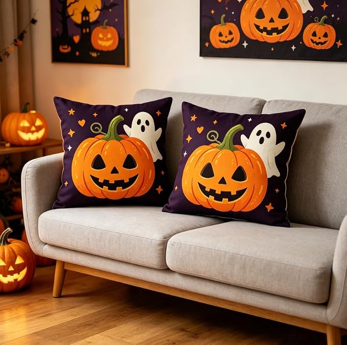 Halloween Decorations Throw Pillow Covers, Jack-O-Lantern Pumpkin and Ghost Design, Purple,Linen, 18x18 Inch, Set of 2，Halloween Decor Pillow Indoor, Halloween Decoration - Image 6