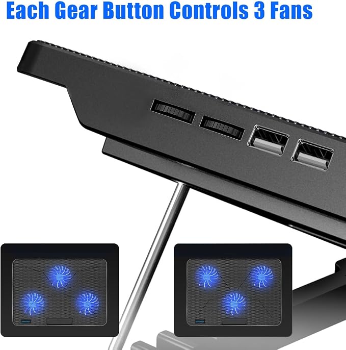 LIANGSTAR Laptop Cooling Pad, Laptop Cooler with 6 Quiet Fans for 12-17 Inch Notebook Gaming Fan Stable Stand, 7 Height & Wind Speed Adjustable, 2 USB Port & Phone Holder (Black) - Image 3