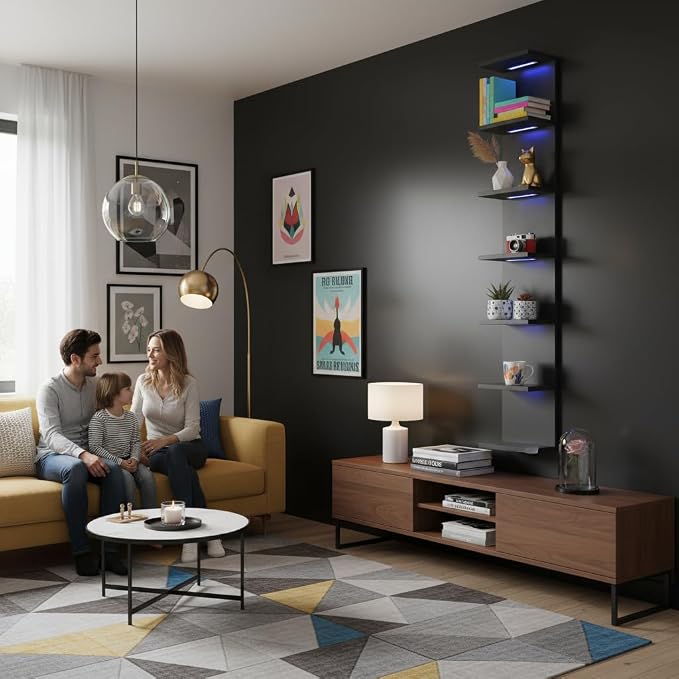 VIWODS 7 Tier Wall Shelf with Lights, Black - Image 8