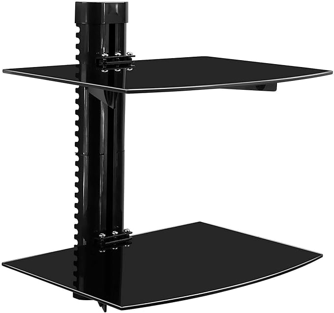 Mount-It! 2-Tier Floating TV Shelf, Tempered Glass, Wall Mount, Black by Mount-It