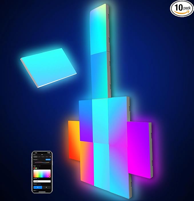 Rectangle LED Wall Lights Large, Smart Home Gaming Setup Lights RGB-IC DIY LED Light Panels Work with Alexa Google Assistant, APP & Voice Control, Music Sync for Bedroom Gaming Room TV Decor, 10 Pack by Amailtom