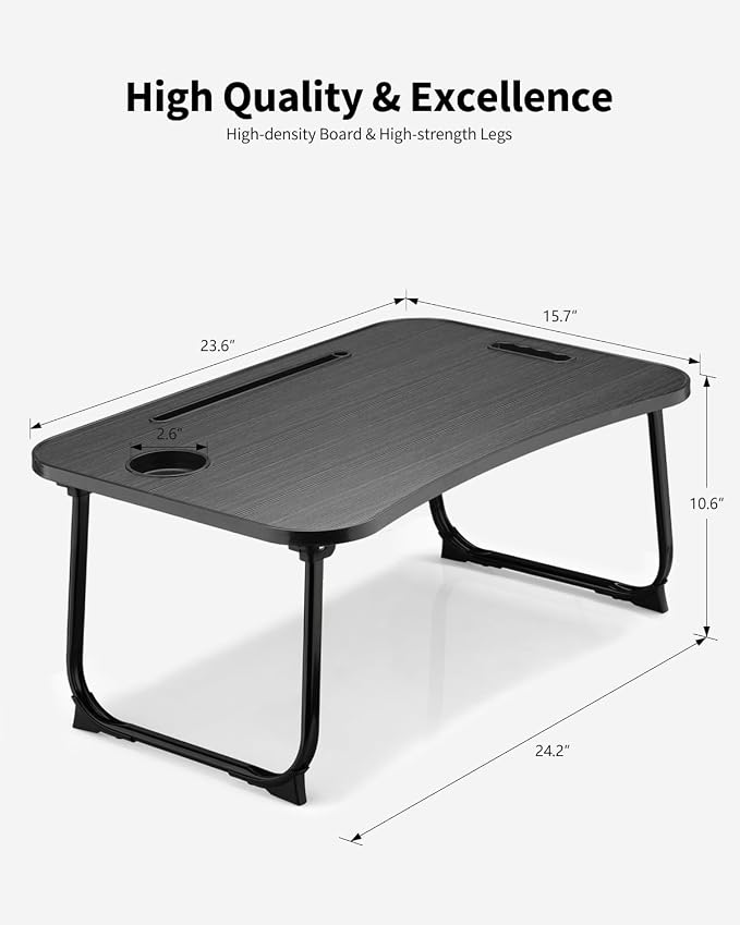 Foldable Lap Desk, Laptop Bed Desk, Portable Lap Table, Laptop Bed Table with Cup Holder & Tablet Slot & Lifting Handle for Working Writing Drawing & Eating - Black Wood - Image 4