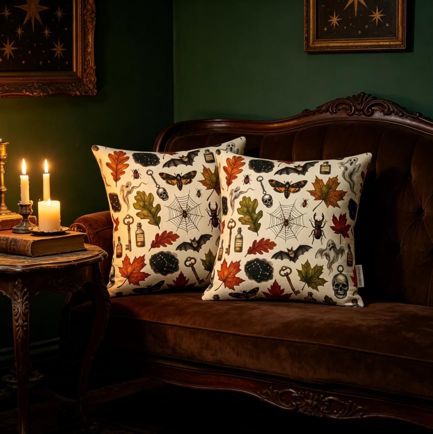 Halloween Throw Pillow Covers, Spooky Vintage Pattern, Linen, 18x18 Inch, Set of 2, Machine Washable, Living Room Decor - Image 4