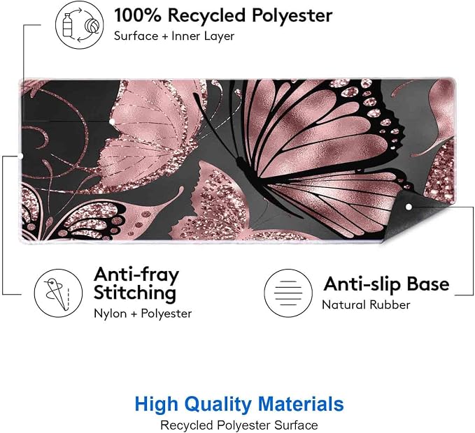 IMAYONDIA Gaming Mouse Pad for Women, Large Non-Slip Rubber Base Mousepad with Stitched Edges, Keyboard Mouse Mat Desk Pad for Work, Game, Office, 31.5x11.8 Inch - Rose Gold Glitter Foil Butterfly - Image 3