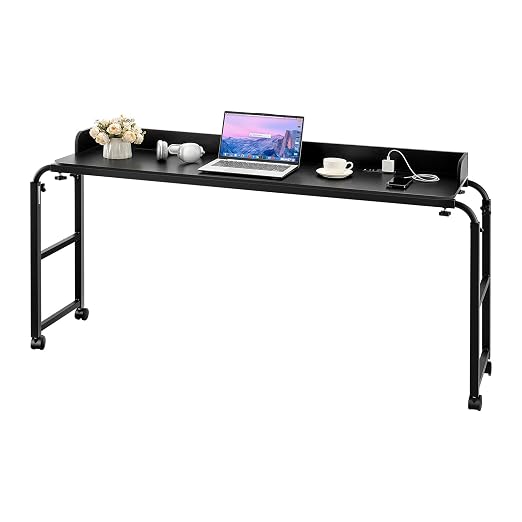 VEVOR Overbed Table, Mobile Bed Side Table with 4 Wheels (2 with Brakes) and Power Socket, Height Adjustable Rolling Laptop Desk, Portable Particleboard Over Bed Desk for Home, Office, Study, Black by VEVOR