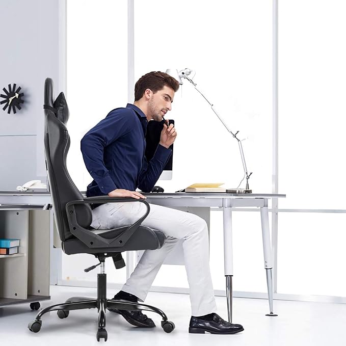 BestOffice Gaming Chair | Black | Desk Chair with Adjustable Lumbar Support | Headrest Pillow | Ergonomic Racing Style Seat with Recline, Swivel Base & Rolling Wheels | For Gamers, Home, Office - Image 8