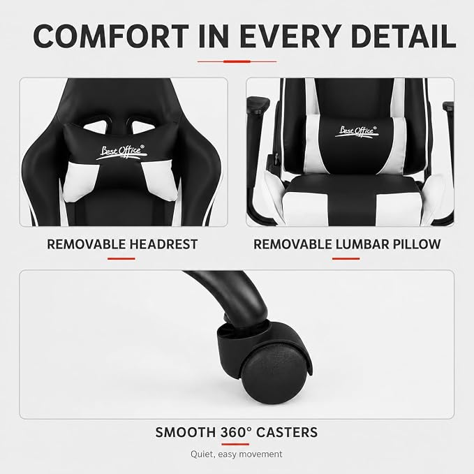 BestOffice Gaming Chair Desk Chair Ergonomic High Computer Chair with Adjustable Lumbar Support, Armrests, and Racing-Inspired Design for Office and Home Use (White) - Image 7