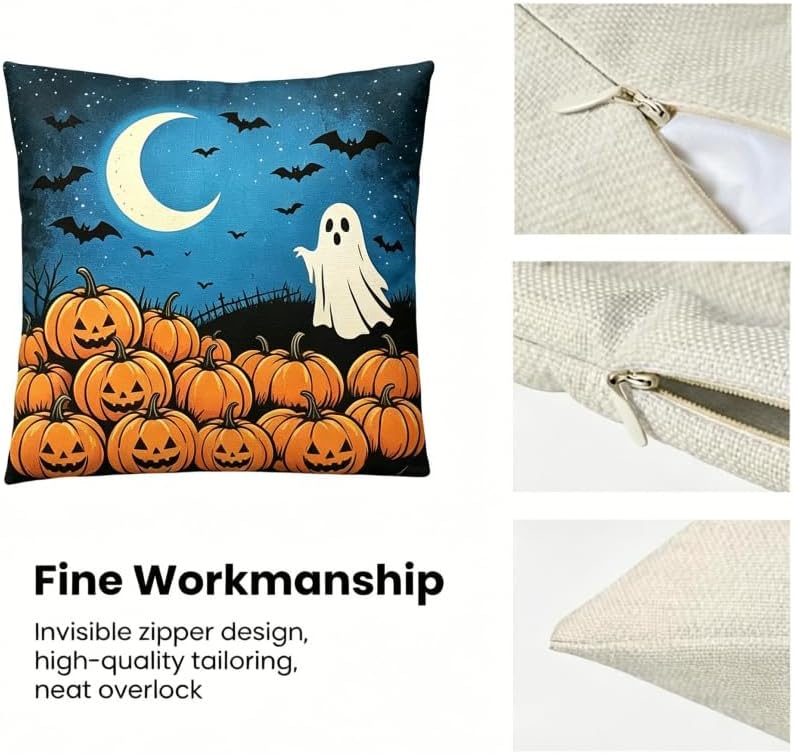 Halloween Throw Pillow Covers, Linen, 18x18 Inch, Set of 2, Pumpkin and Black Cat Trick or Treat Design, Machine Washable - Image 4