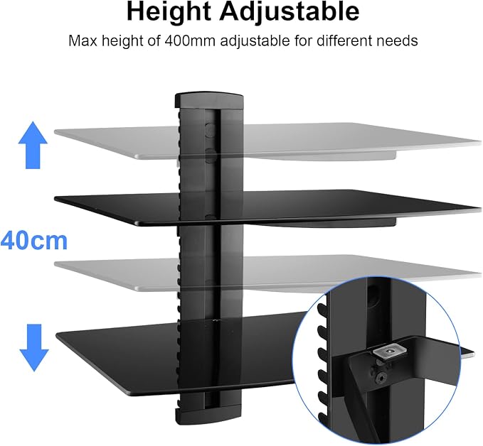 Suptek Glass Floating Shelves, TV Wall Mount with Shelf for DVD Player / PS4 / Cable Boxes/Game Consoles/Sky Box/TV Accessories, Flat Black 2-Tier Wall Mount Bracket - Image 5