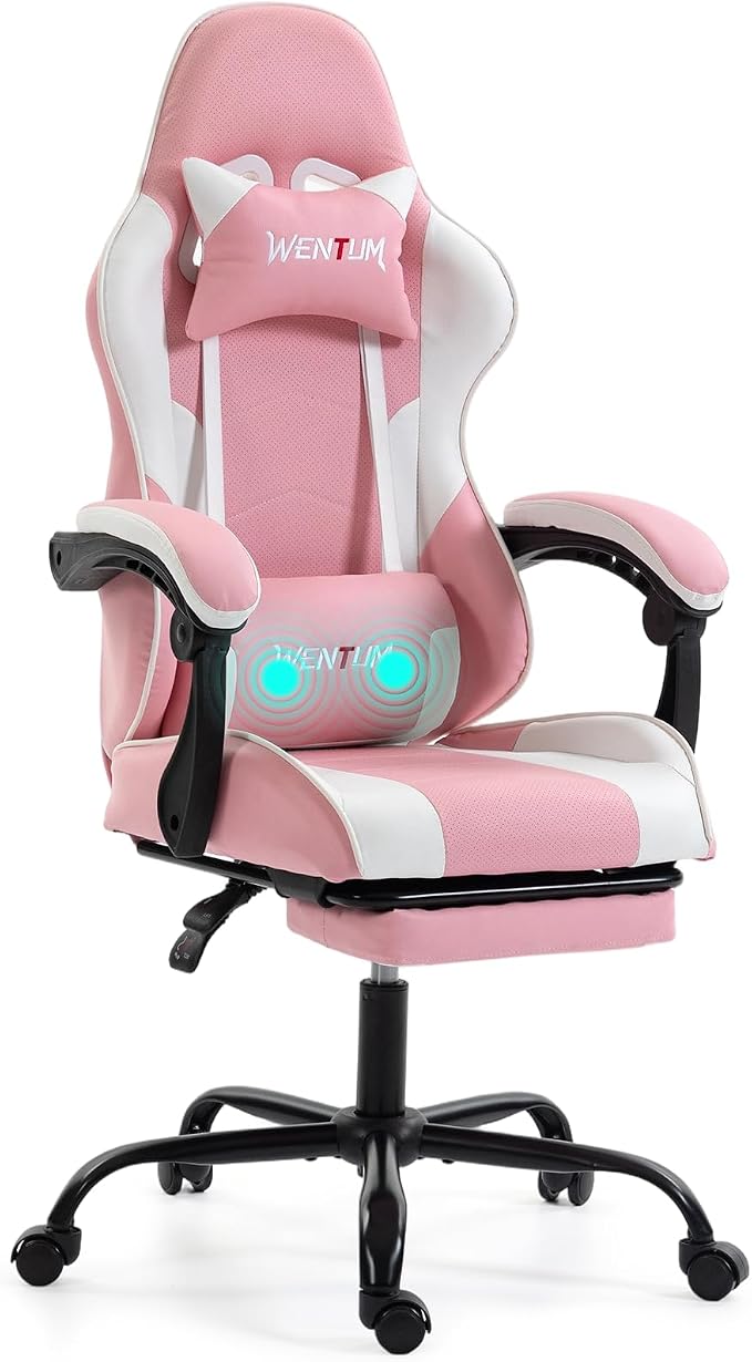 Gaming Chair with Footrest for Adults, PU Leather Video Game Chair with Massage Lumbar Support for Men Women, Ergonomic Computer Gamer Chair for Home Office, Height Adjustable, Pink by WENTUM