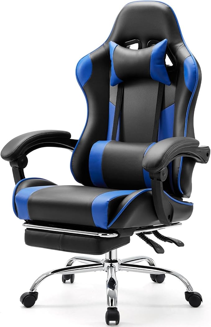 Sweetcrispy Gaming Chair with Footrest, Ergonomic Lumbar Support Desk Chair | High Back Ergonomic, PU Leather, Adjustable Headrest, Linkage Armrest, Height Adjustable, 360 Swivel, Blue by Sweetcrispy