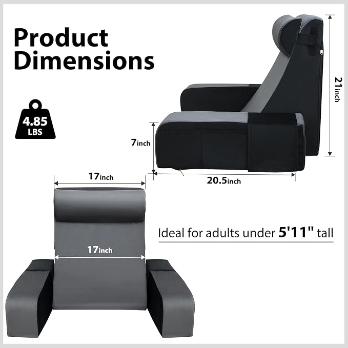 Vekkia 21" Reading Pillow for Bed with XL Side Pockets for Adult | 60° Wedge Back Support, Adjustable Arms,Washable Cover,Support for TV,Gaming,Working,Nursing,Recovery in Bed&Floor,Black/Gray - Image 8