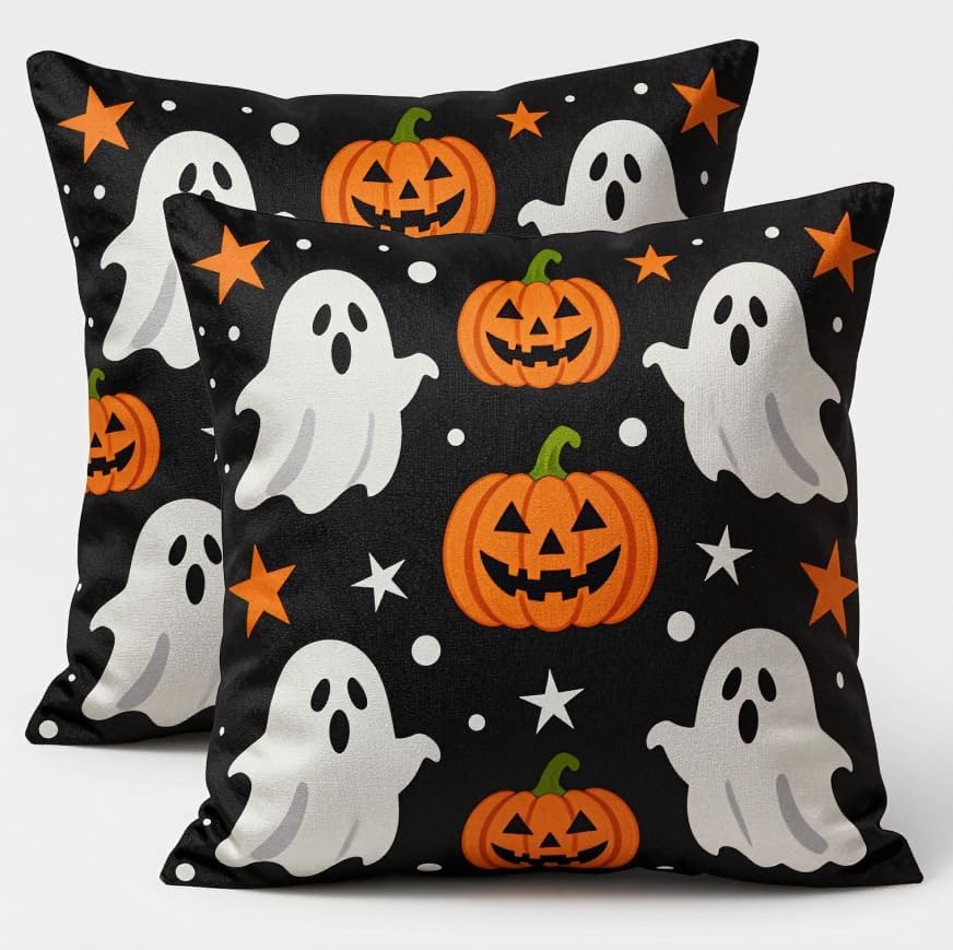 Halloween Ghost Throw Pillow Covers, Black, Linen, 18x18 Inch, Set of 2, Machine Washable, Square, Living Room by Unknown