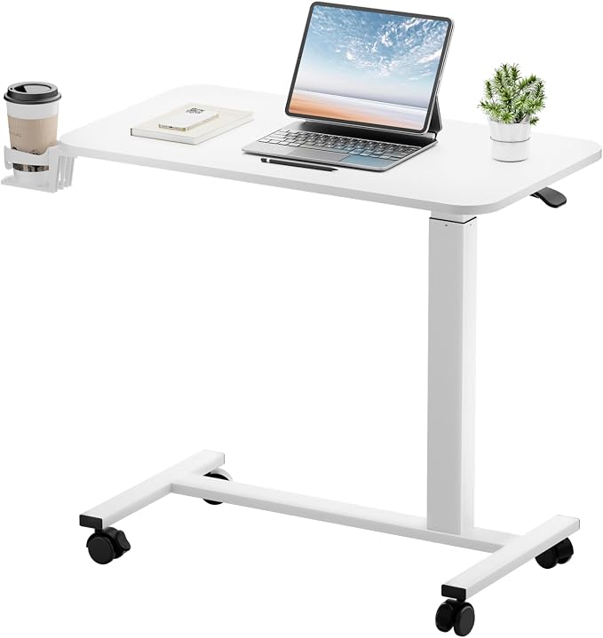 GTPLAYER Small Standing Desk with Lockable Wheels, Pneumatic Mobile Rolling Laptop Desk,Adjustable Height Overbed Bedside Table Computer Workstation for Home Office (32" W x 18" D, White) by GTPLAYER