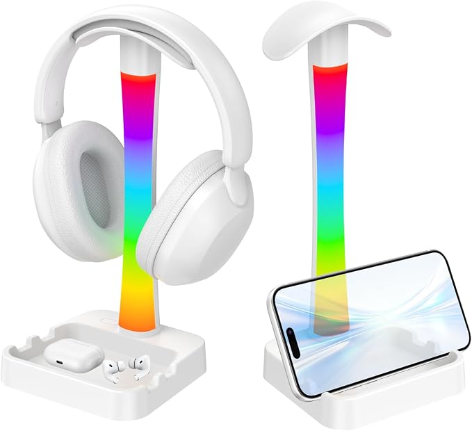 Headphone Stand with Charger,Gaming Headset stand with RGB Light Mode,For Airpod Max Stand,Desk Lamp,Phone Holder,Tablet Holder,desktop organizer,Gifts for Gamers & Music Lover (White) by Unknown