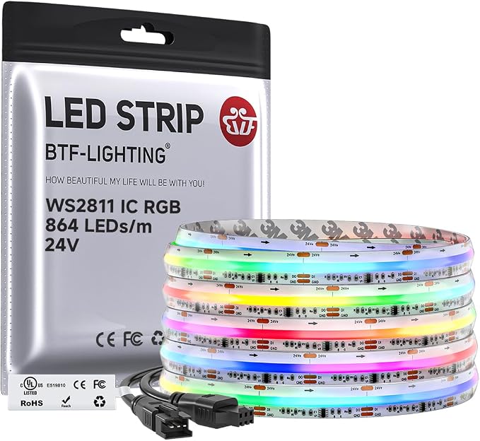 BTF-LIGHTING IP66 RGB WS2811 Smart IC FCOB COB LED Strip, UL Listed 864LEDs/m High Density Color Chasing Uniform Light, DC24V 24FT 12mm Width Tape Light for Home DIY Decor(No Adapter or Controller) by BTF-LIGHTING