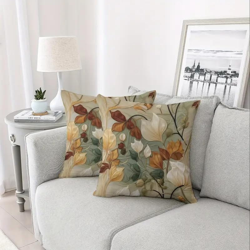 Decorative Throw Pillow Covers, Vintage Floral Pattern in Sage Green and Brown, 2 Pack Square Cushion Cases with Autumn Leaves Design，18x18 Pillows Linen Pillowcase - Image 3