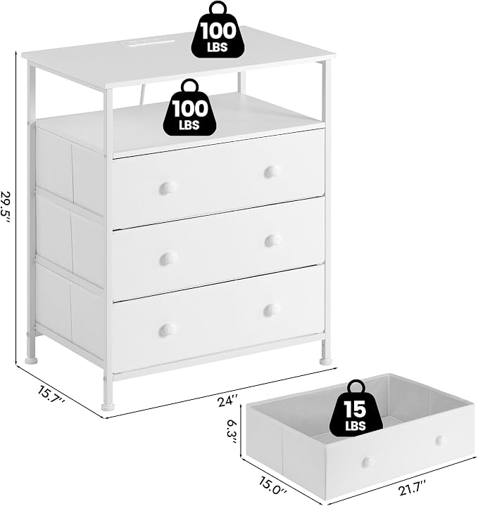 3-Drawer LED Nightstand with Charging Station, White - Image 3