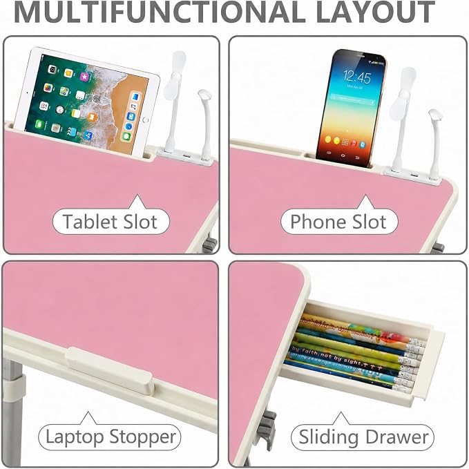 Laptop Desk for Bed, Height & Angle Adjustable Lap Desk with USB Cooling Fan, LED Light and USB Ports, Foldable Portable Laptop Table for Couch, Sofa, Floor, Reading, Writing (Pink) - Image 6