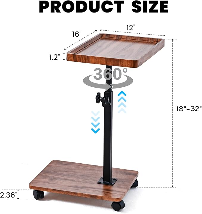 C Table End Table Adjustable Height,C Shaped End for Couch，Snack Tables,360°Swivel TV Tray Sofa Table,Tables that Slide Under,Coffee SideTable for Bed,Chair,Bath-tub (Black Color) - Image 2