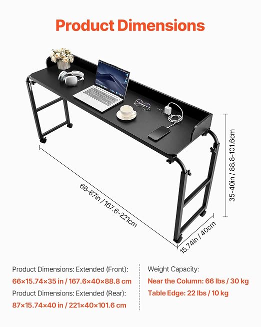 VEVOR Overbed Table, Mobile Bed Side Table with 4 Wheels (2 with Brakes) and Power Socket, Height Adjustable Rolling Laptop Desk, Portable Particleboard Over Bed Desk for Home, Office, Study, Black - Image 3
