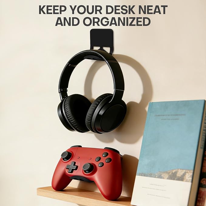 Wall Mount Headphone Stand, 2-in-1 Bendable Silicone Controller Holder, Adhesive Under Desk Hook for Gaming Office & Home, Fits All Headphones for PS5 Xbox Controllers - 1 Pack (Black/White) - Image 8