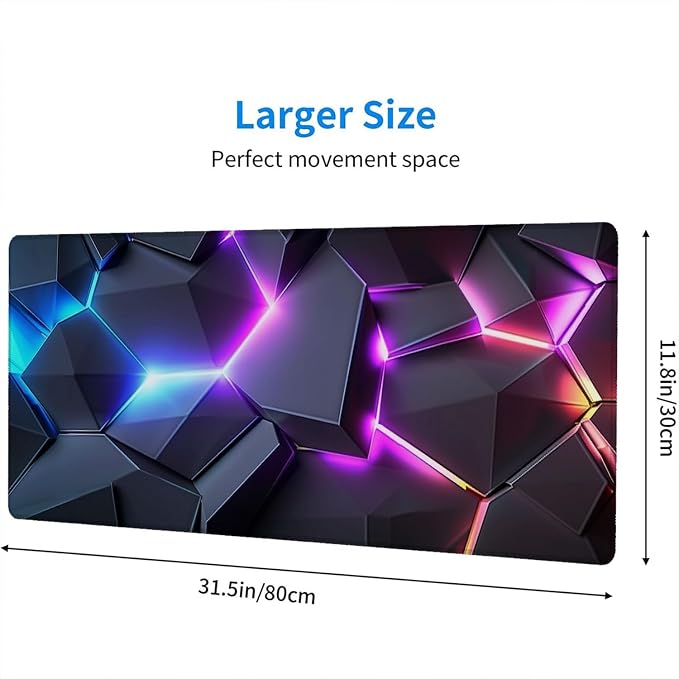 Neon 3D Geometry Desk Pad Mouse Pad Colorful Crack Cool Extended Gaming Mouse Pad Mat with Stitched Edge Non-Slip Base Big Mouse Pad Office Computer Keyboard Laptop Home 31.5"x11.8" - Image 2