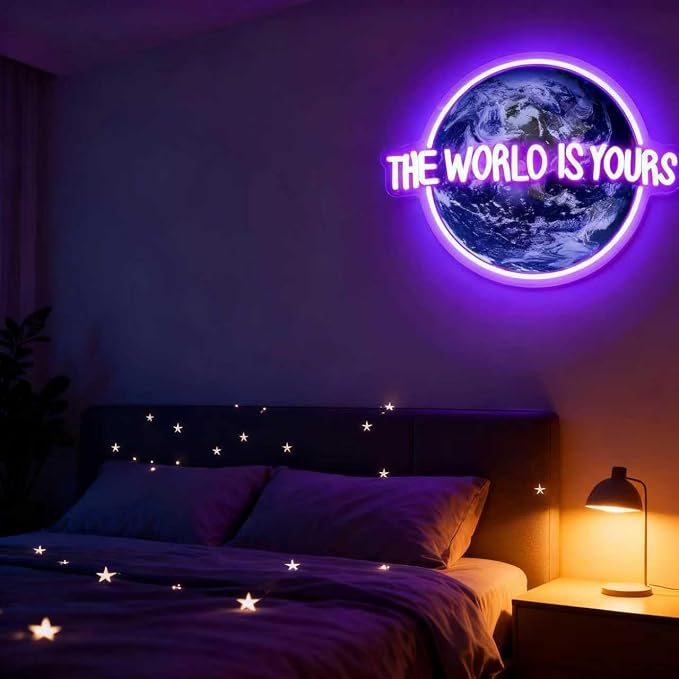 The World is Yours Neon Sign, Planet Led Neon Light Signs for Wall Decor Gaming LED Light up Sign Lamp for Party Bedroom Bar Game Room Man Cave Birthday Gamer Gift Dimmable USB Powered(16.4"*12.2") - Image 2