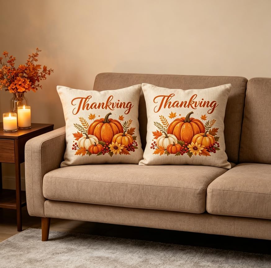 Thanksgiving Throw Pillow Covers, Linen, 18x18 Inch, Set of 2, Pumpkin Autumn Design, Farmhouse Style, Machine Washable - Image 5