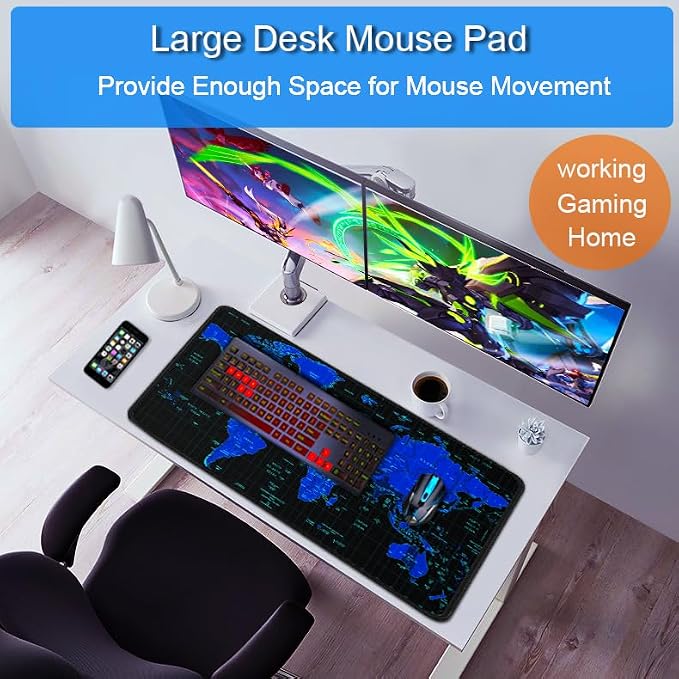 Gaming Mouse Pad, 31.5x15.7 inch Large Extended Computer Keyboard Mouse Mat, Water Resist Non-Slip Mousepad Rubber Base Long XXL Desk Mouse Pad for Work & Gaming, Office & Home, Blue Map - Image 6
