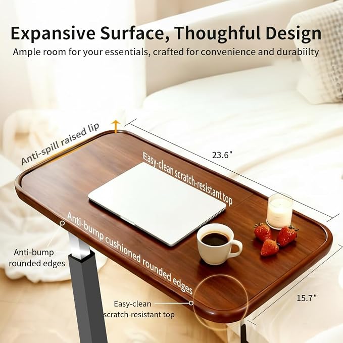 Adjustable Overbed Table with Wheels, Pneumatic Height Lift Rolling Bedside Table, Standing Desk for Home & Office Use, Ideal for Seniors & Limited Mobility(Walnut Brown) - Image 5
