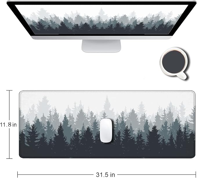 Gaming Mouse Pad Large, Keyboard Mouse Mat Desk Pad, Non-Slip Rubber Base with Stitched Edges Mousepad, 31.5X11.8 inch Misty Forest Tree - Image 2