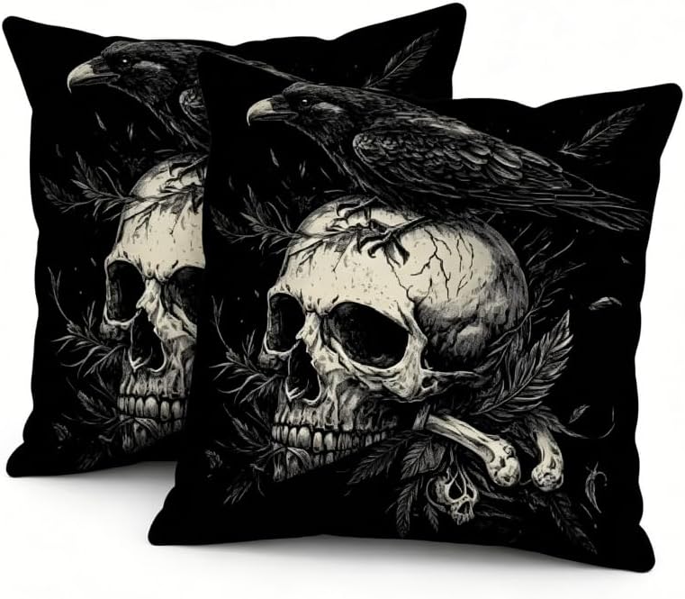 Gothic Skull Raven Throw Pillow Covers, Black, Linen, 18x18 Inch, Set of 2, Square, Machine Washable,Halloween Decorations by Unknown