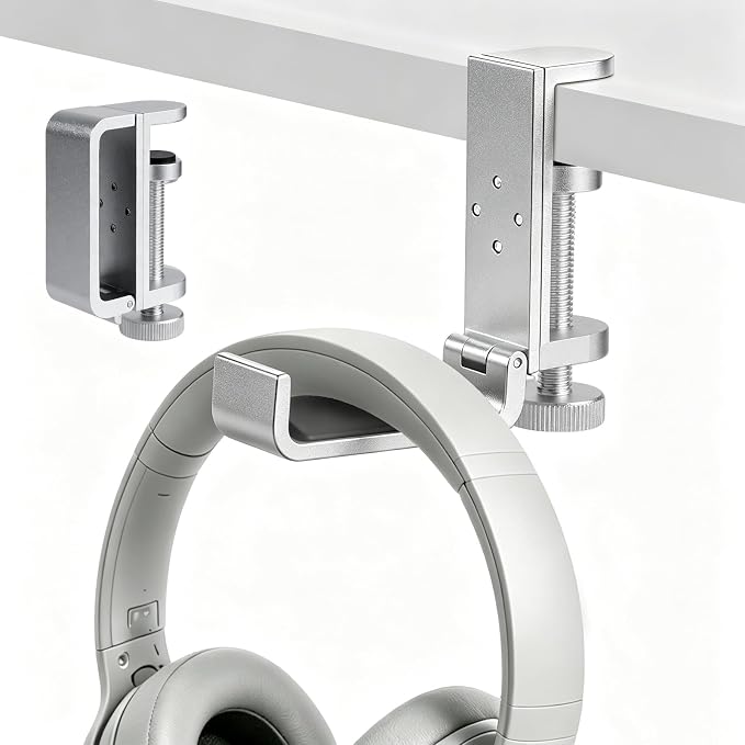 All Aluminum Foldable Headphone Holder - Universal Stand for Gaming PC Accessories, Under Desk Clamp Hook (Silver) - Image 5