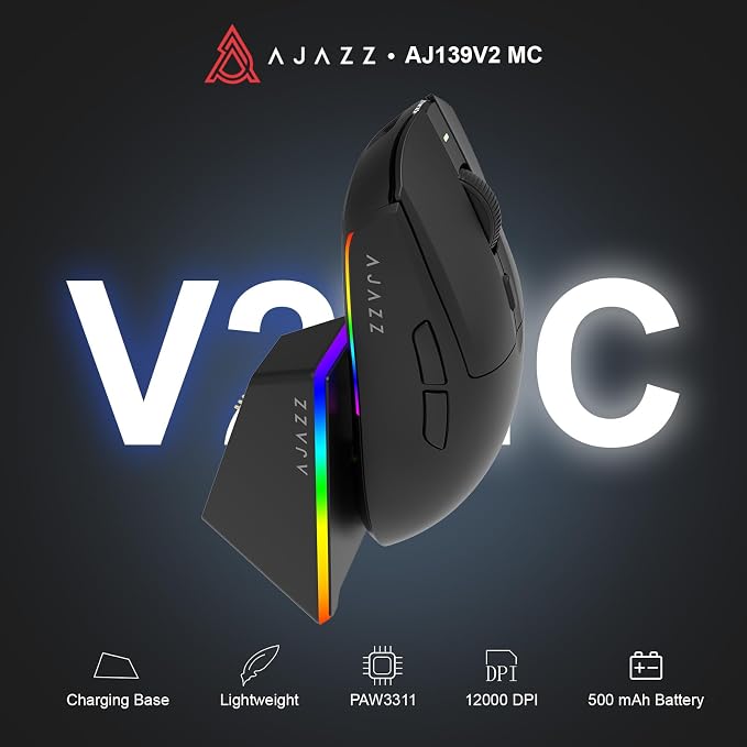 AJAZZ AJ139 V2 MC Wireless Gaming Mouse with RGB Charging Dock, 66g Ultra-Lightweight Tri-Mode Optical Mouse, 12000 DPI PAW3311 Sensor, Ergonomic Rechargeable Gaming Mouse for PC/Mac - Black - Image 2