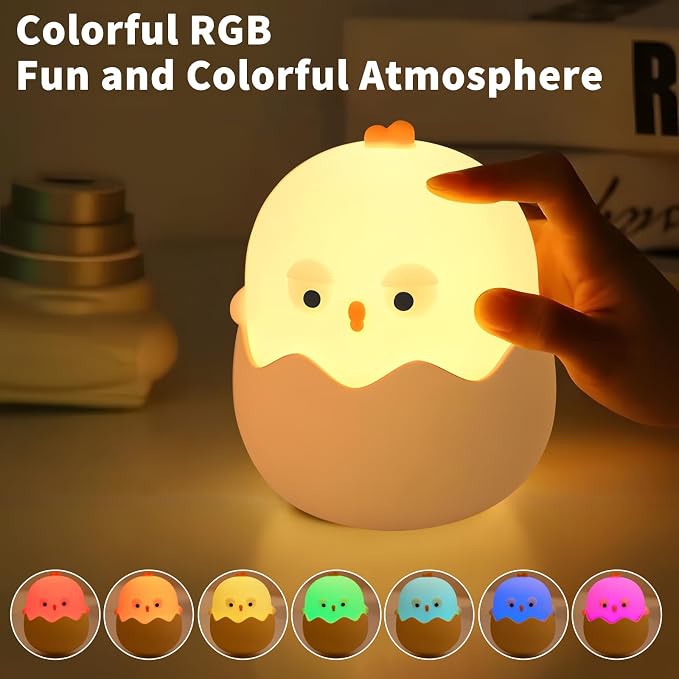 Easter Chick Egg Night Light - Dimmable 7-Color LED Nursery Lamp for Babies, Soft Silicone Touch Eggshell Decor for Easter Basket, Bedroom & Kids Room, Easter Gifts & Birthday Presents - Image 3