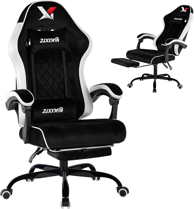 Gaming Chair for Adults,400lbs Computer Chair for Home Office,White | Velvet Ergonomic High Back Racing Chair with Footrest,20'' Wide Spring Cushion,90-135° Recline,Heavy Duty Metal Base, by Unknown