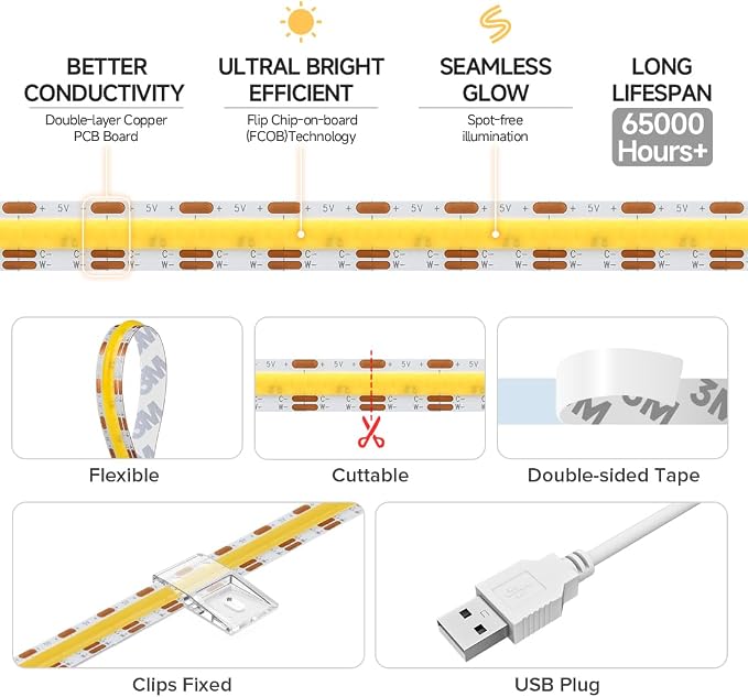 BTF-LIGHTING 5V USB COB LED Strip Lights Tunable CCT 2700K/4000K/6500K - Image 4