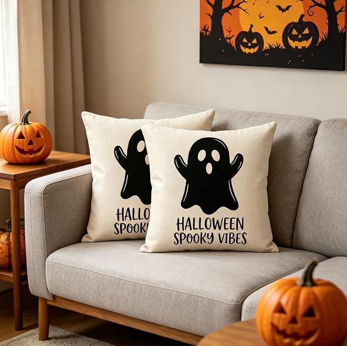 Halloween Ghost Throw Pillow Covers, Linen, 18x18 Inch, Set of 2, Spooky Vibes Design, Square, Machine Washable - Image 6