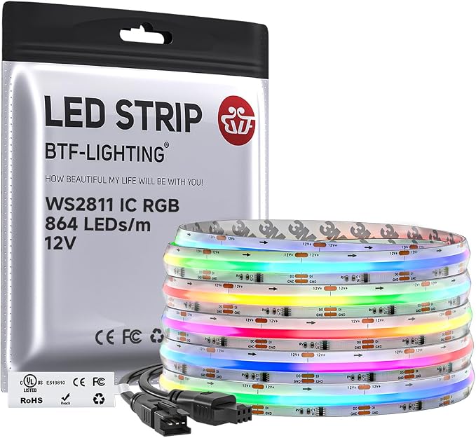 BTF-LIGHTING IP66 RGB WS2811 Smart IC FCOB COB LED Strip, UL Listed 864LEDs/m High Density Color Chasing Uniform Light, DC12V 16.4FT 12mm Width Tape Light for Home DIY Decor(No Adapter or Controller) by BTF-LIGHTING